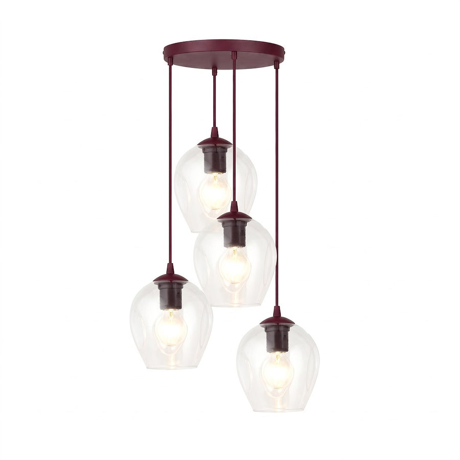 Vue de produit sur fond blanc, quatre suspensions décalées en verre transparent et fil bordeaux