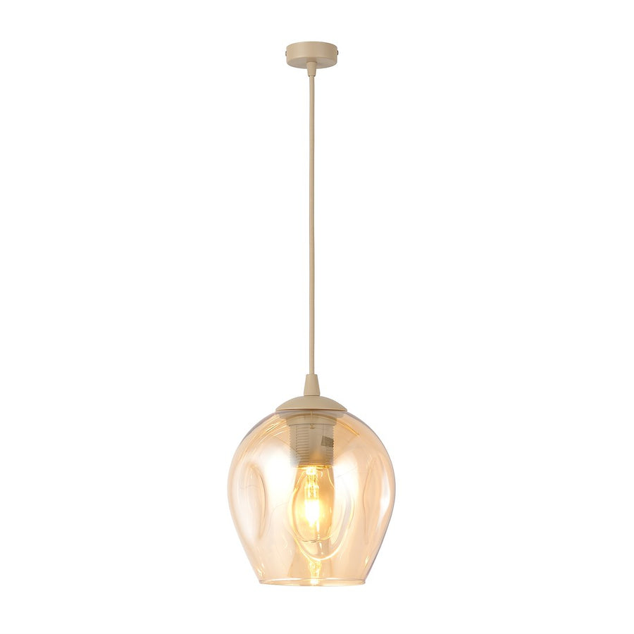 Suspension beige sur fond blanc, verre ambré et ampoule visible de face