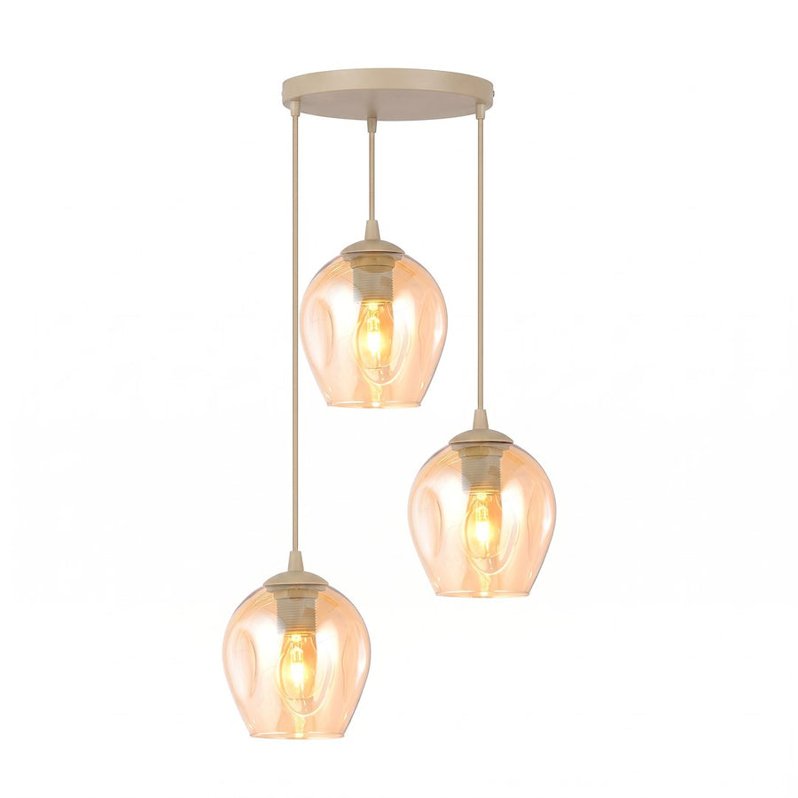 Suspension trois lumières vue de face, verre ambré et câbles beige sur fond blanc