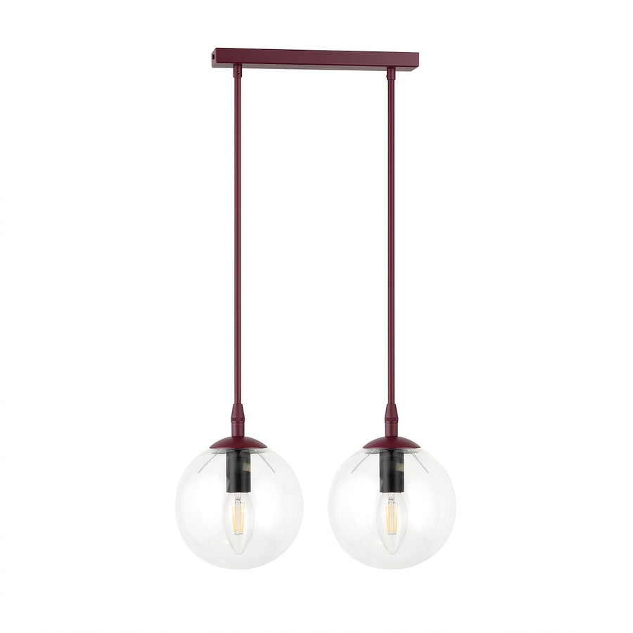 Suspension deux globes de verre transparent sur barre bordeaux, produit de face
