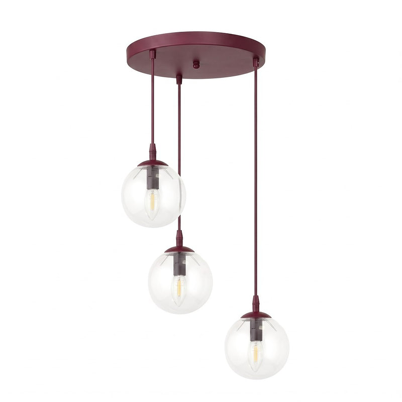 Suspension Cosmo 3 lumières bordeaux, verre transparent, H 40 cm
