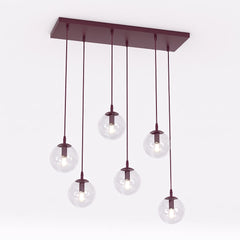 Suspension Cosmo 6 lumières bordeaux, verre transparent