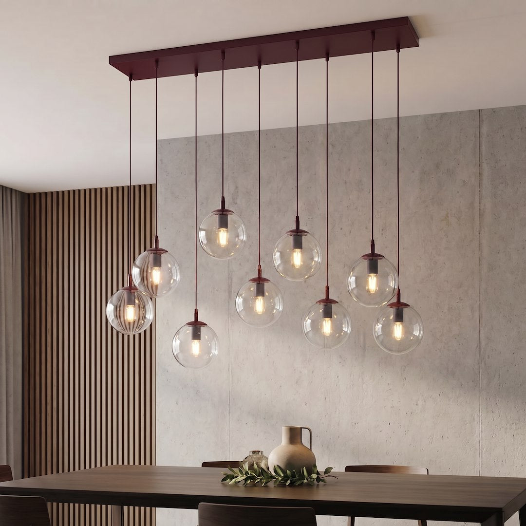 Suspension Cosmo 9 lumières bordeaux, verre transparent