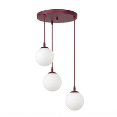 Suspension Cosmo 3 lumières bordeaux, verre blanc, H 40 cm