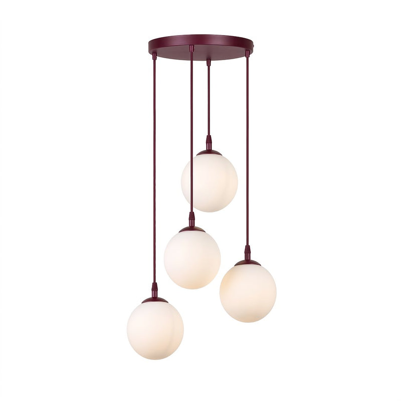 Suspension Cosmo 4 lumières bordeaux, verre blanc