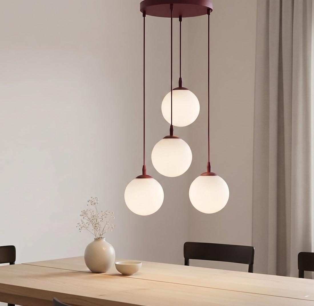 Suspension Cosmo 4 lumières bordeaux, verre blanc