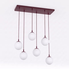 Suspension Cosmo 6 lumières bordeaux, verre blanc