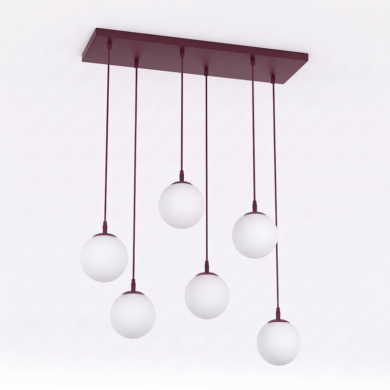 Suspension Cosmo 6 lumières bordeaux, verre blanc