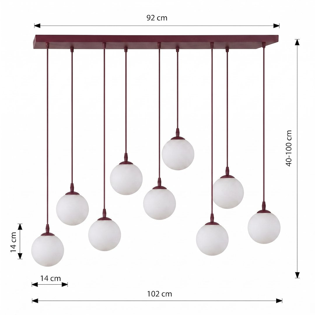 Schéma coté du luminaire, platine 92 cm, hauteur réglable 40 à 100 cm, globes 14 cm