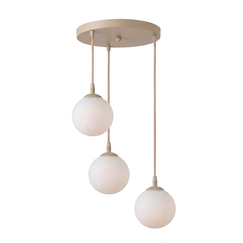 Suspension Cosmo 3 lumières beige, verre blanc, H 40 cm