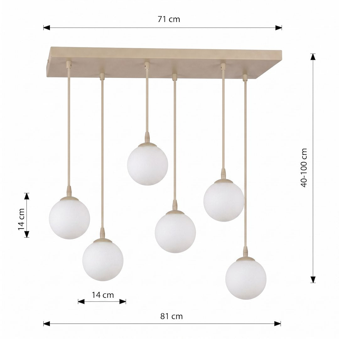 Schéma coté de la suspension : platine 71 cm, globes 14 cm, hauteur réglable