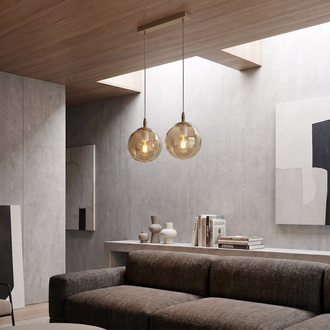Suspension Cosmo 2 lumières beige, verre ambré