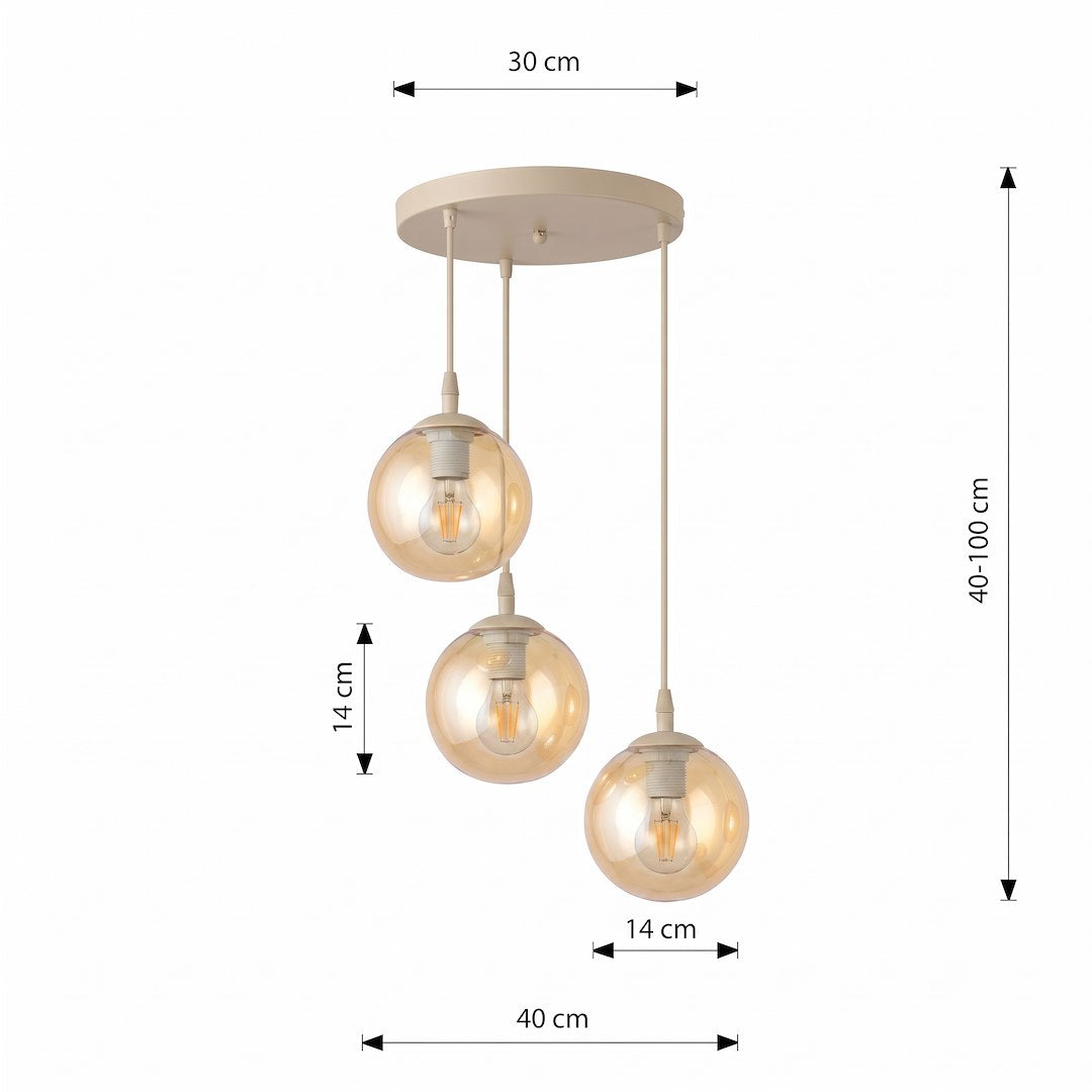 Schéma coté : pavillon 30 cm, globes 14 cm, hauteur réglable de 40 à 100 cm