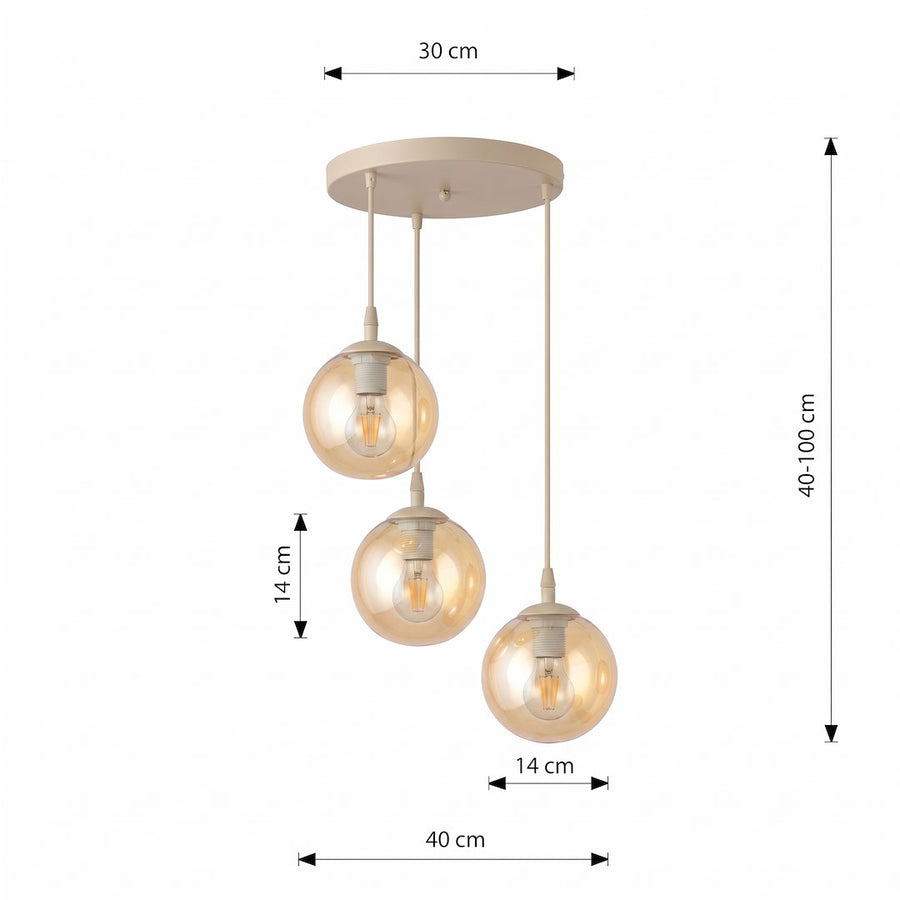 Schéma coté : pavillon 30 cm, globes 14 cm, hauteur réglable de 40 à 100 cm