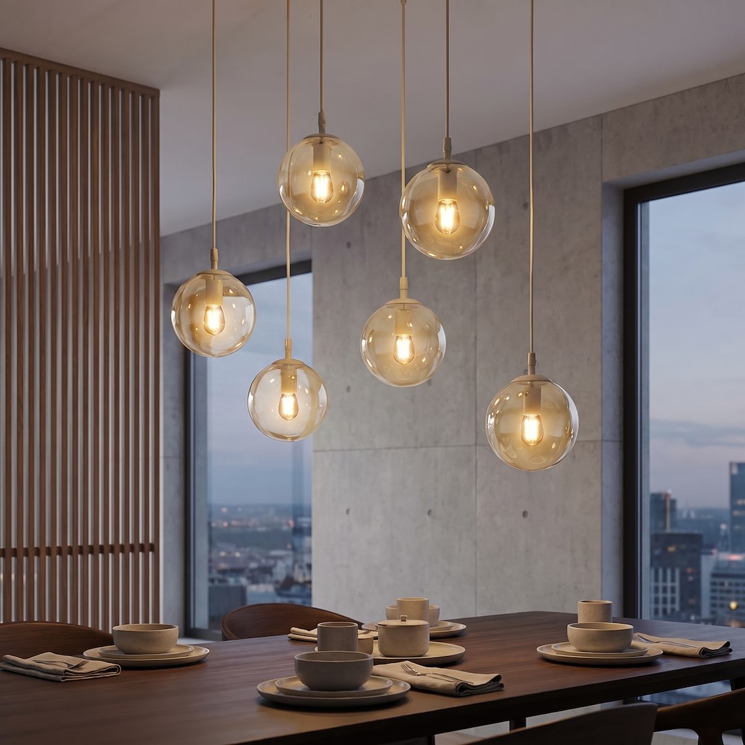 Suspension Cosmo 6 lumières beige, verre ambré