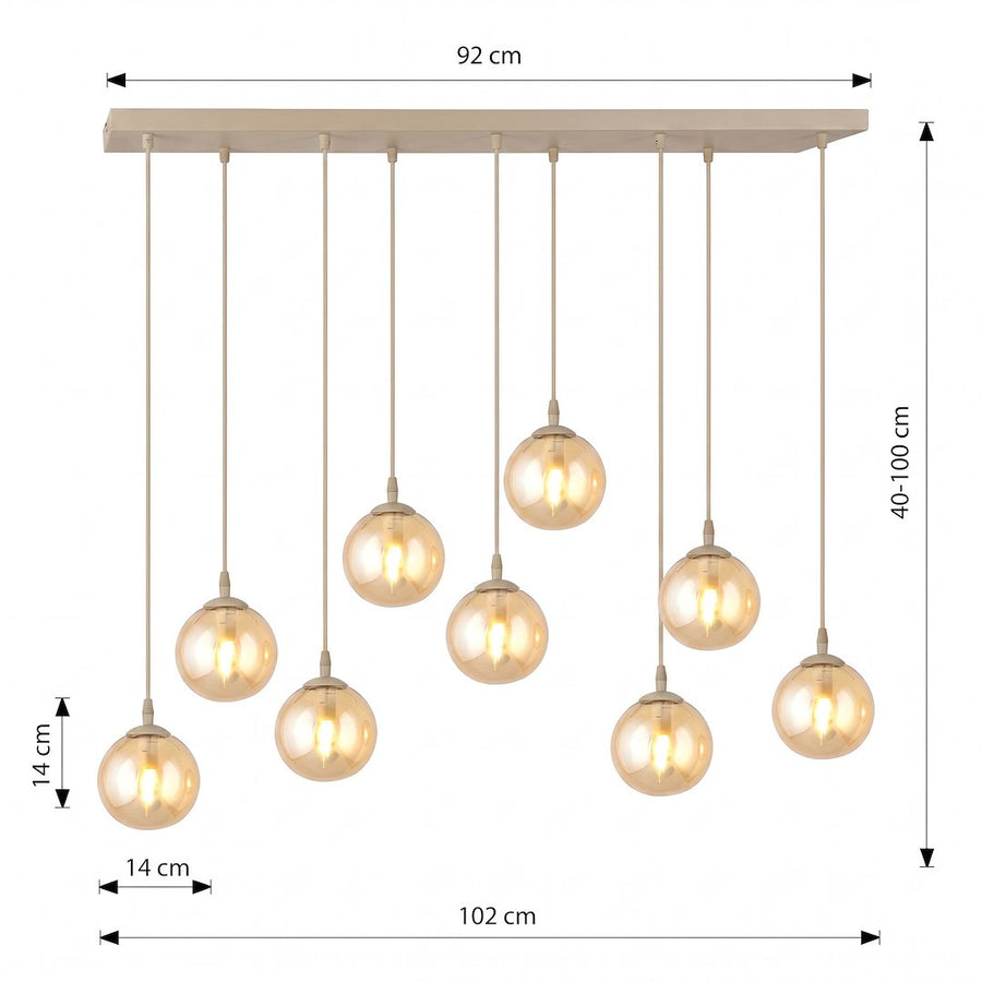 Schéma coté du luminaire : largeur 92 cm, hauteur réglable de 40 à 100 cm