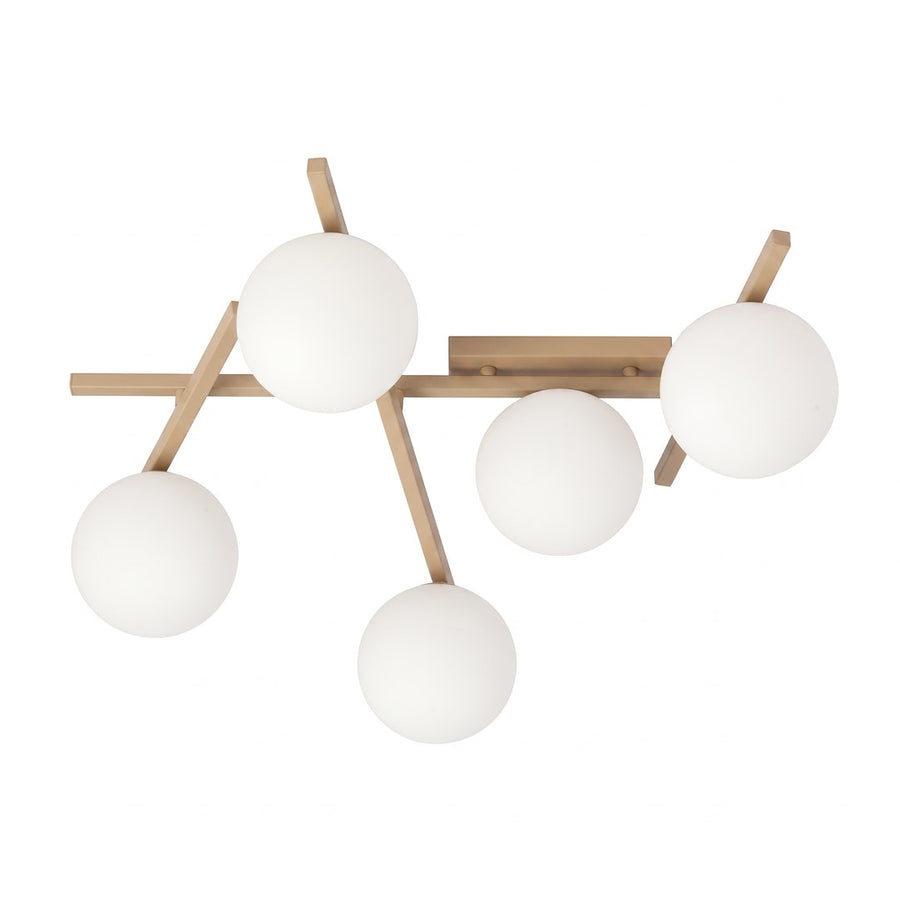 Plafonnier cinq globes en verre blanc opalin sur structure beige à bras croisés