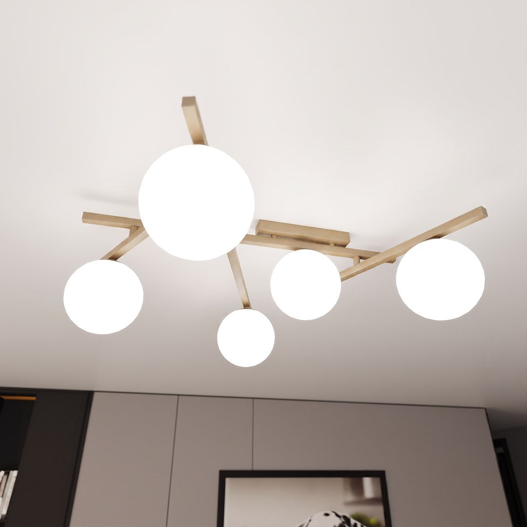 Vue du plafonnier allumé fixé au plafond dans un intérieur contemporain
