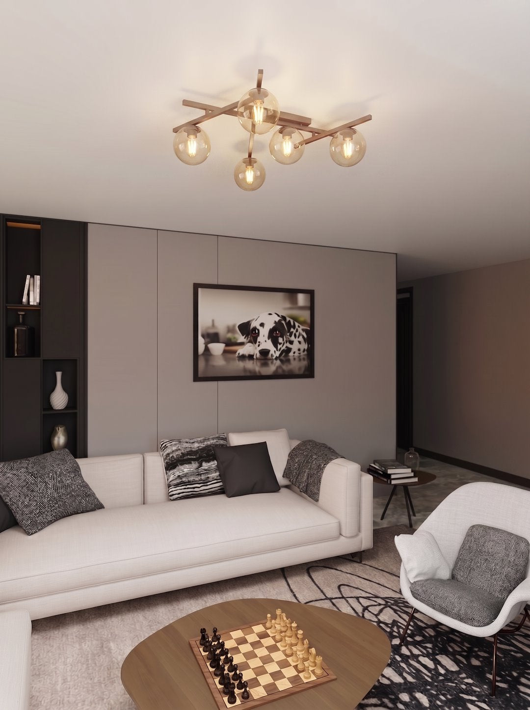 Ambiance salon moderne, plafonnier allumé au-dessus d'un canapé blanc et échiquier.