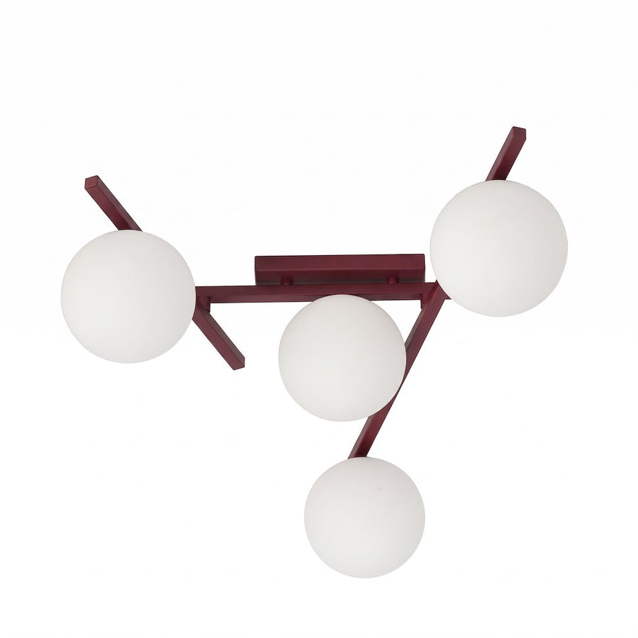 Plafonnier bordeaux à quatre globes blancs, vue de face sur fond blanc.