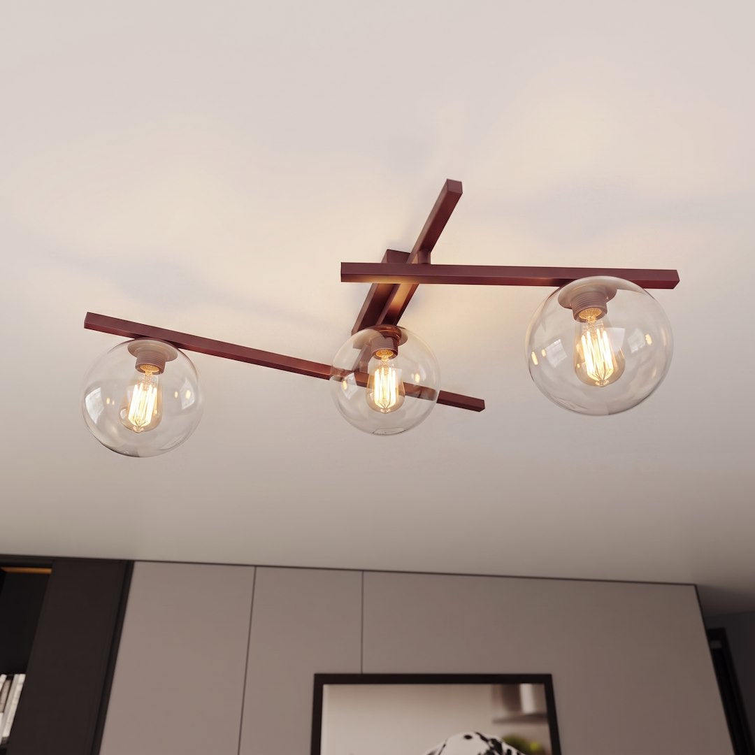 Plafonnier Smart 3 lumières bordeaux, verre transparent