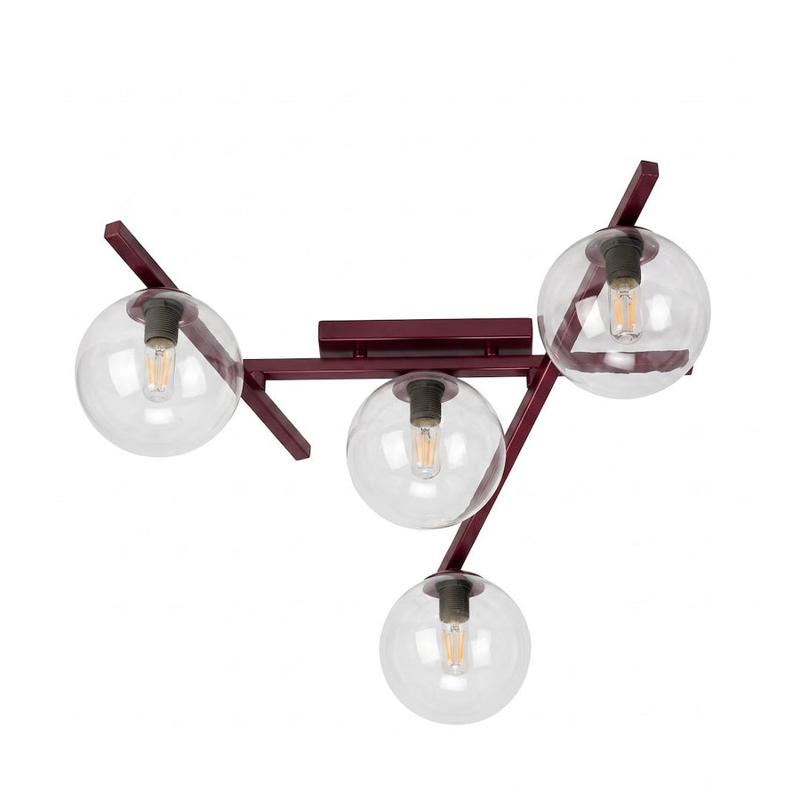 Plafonnier à quatre globes transparents et structure bordeaux, vue de face sur fond blanc.