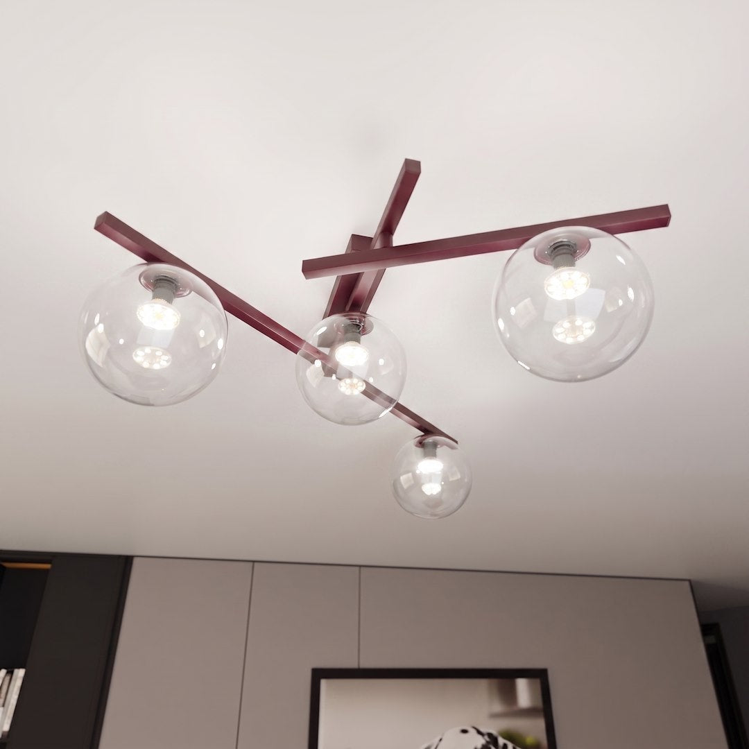 Plafonnier Smart 4 lumières bordeaux, verre transparent