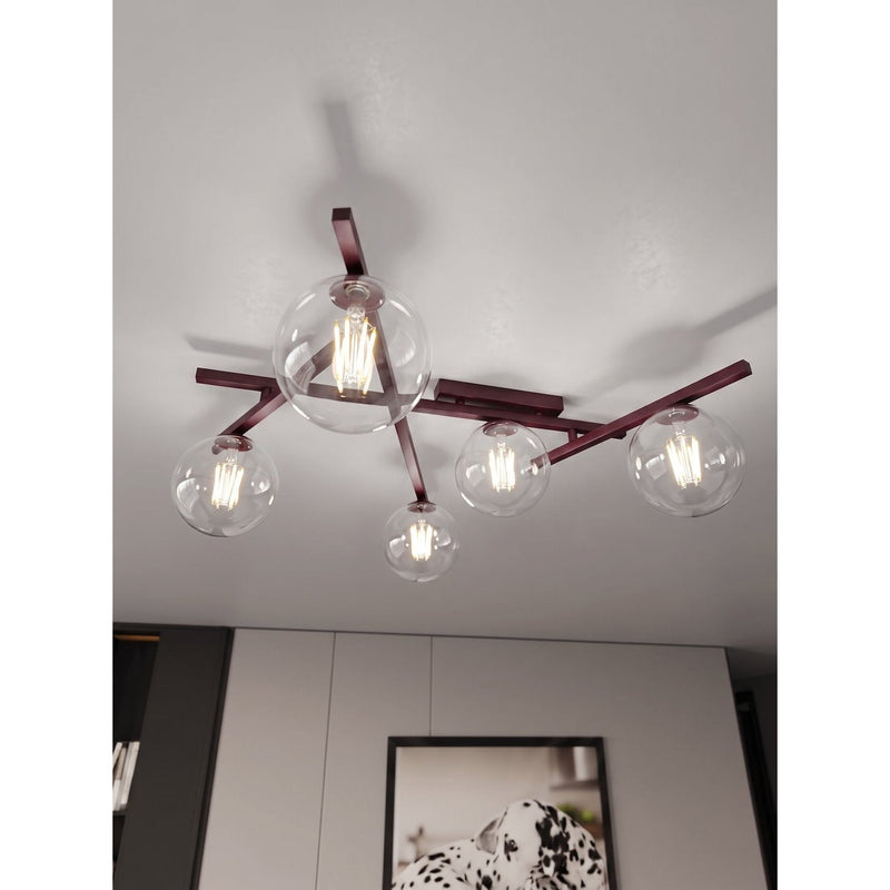 Plafonnier Smart 5 lumières bordeaux, verre transparent