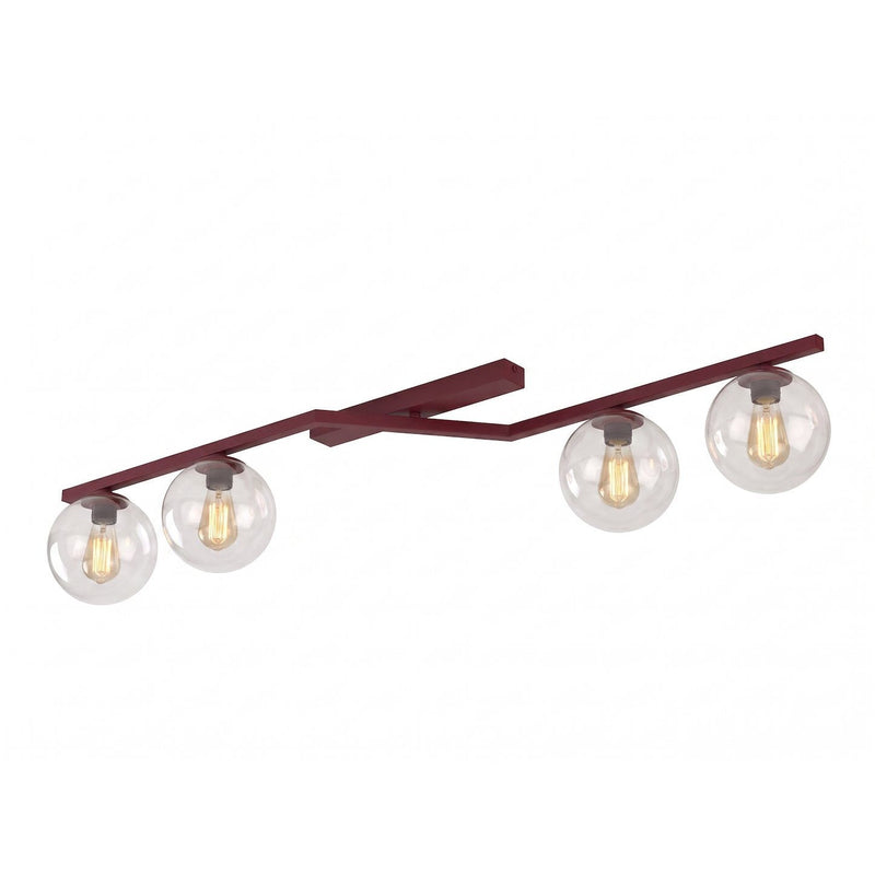 Plafonnier Naton 4 lumières bordeaux, verre transparent