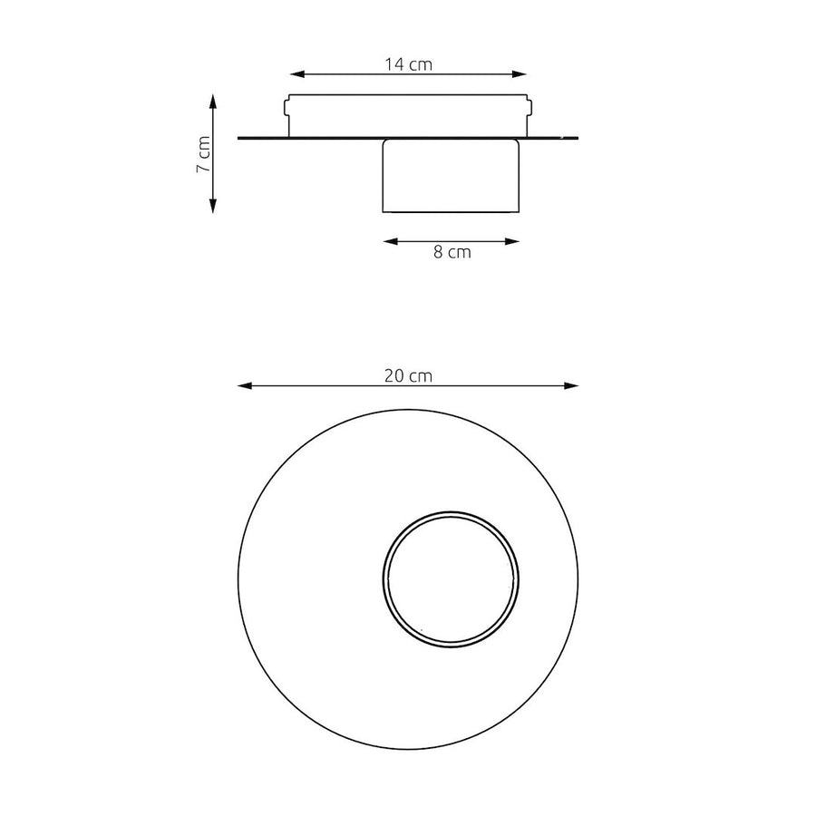 Schéma de dimensions cotées du plafonnier, disque 20 cm et hauteur 7 cm