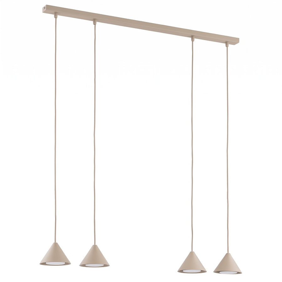 Produit de face sur fond blanc, barre beige et quatre cônes suspendus