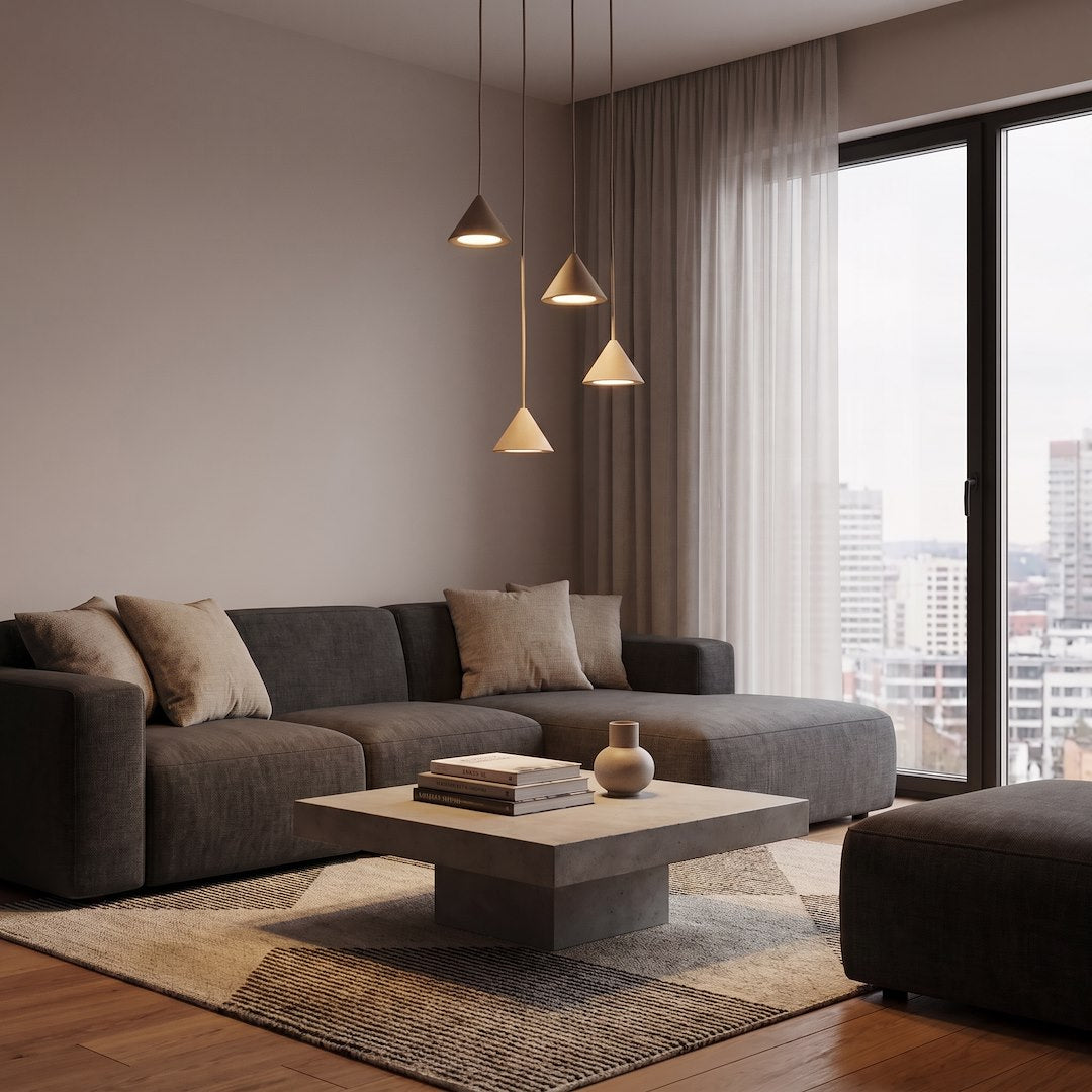 Mise en ambiance salon : quatre suspensions coniques allumées au-dessus d'un canapé gris