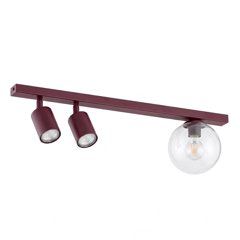 Plafonnier Baster 3 lumières bordeaux, verre transparent