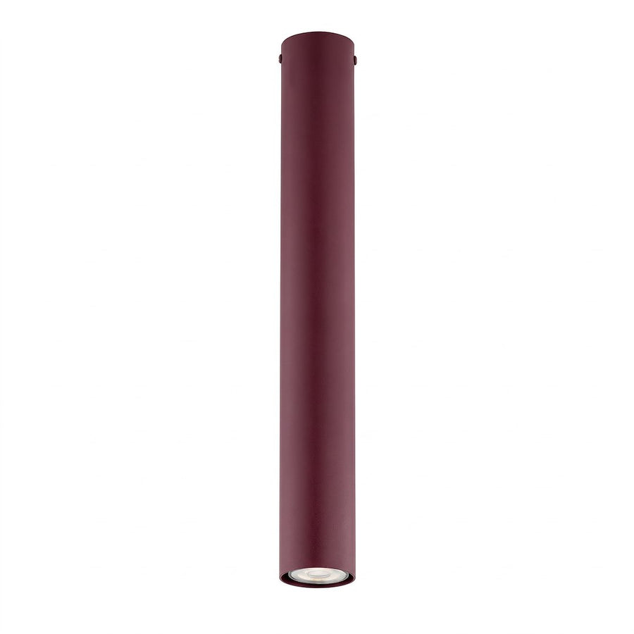 Vue de face du luminaire cylindrique bordeaux sur fond blanc, éclairage vers le bas