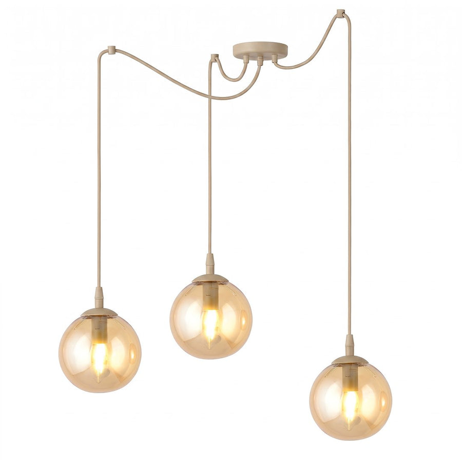 Suspension beige trois globes de verre ambré sur câbles, fond blanc détouré