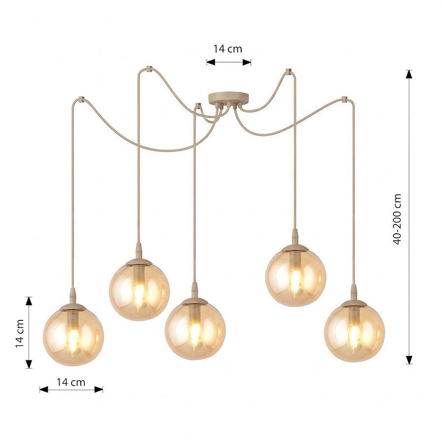 Schéma coté du luminaire, hauteur réglable et diamètre des globes indiqués