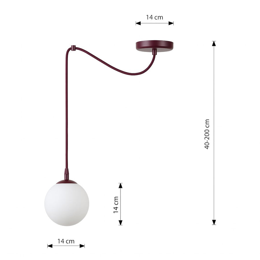 Schéma coté du luminaire : rosace 14 cm, globe 14 cm, hauteur réglable 40 à 200 cm