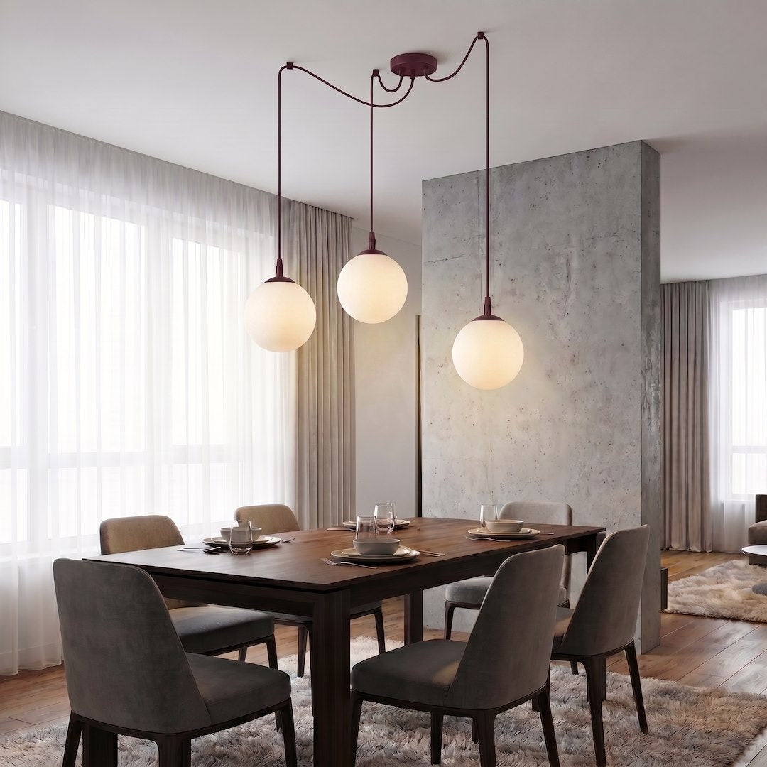 Suspension Gigi 3 lumières bordeaux, verre blanc