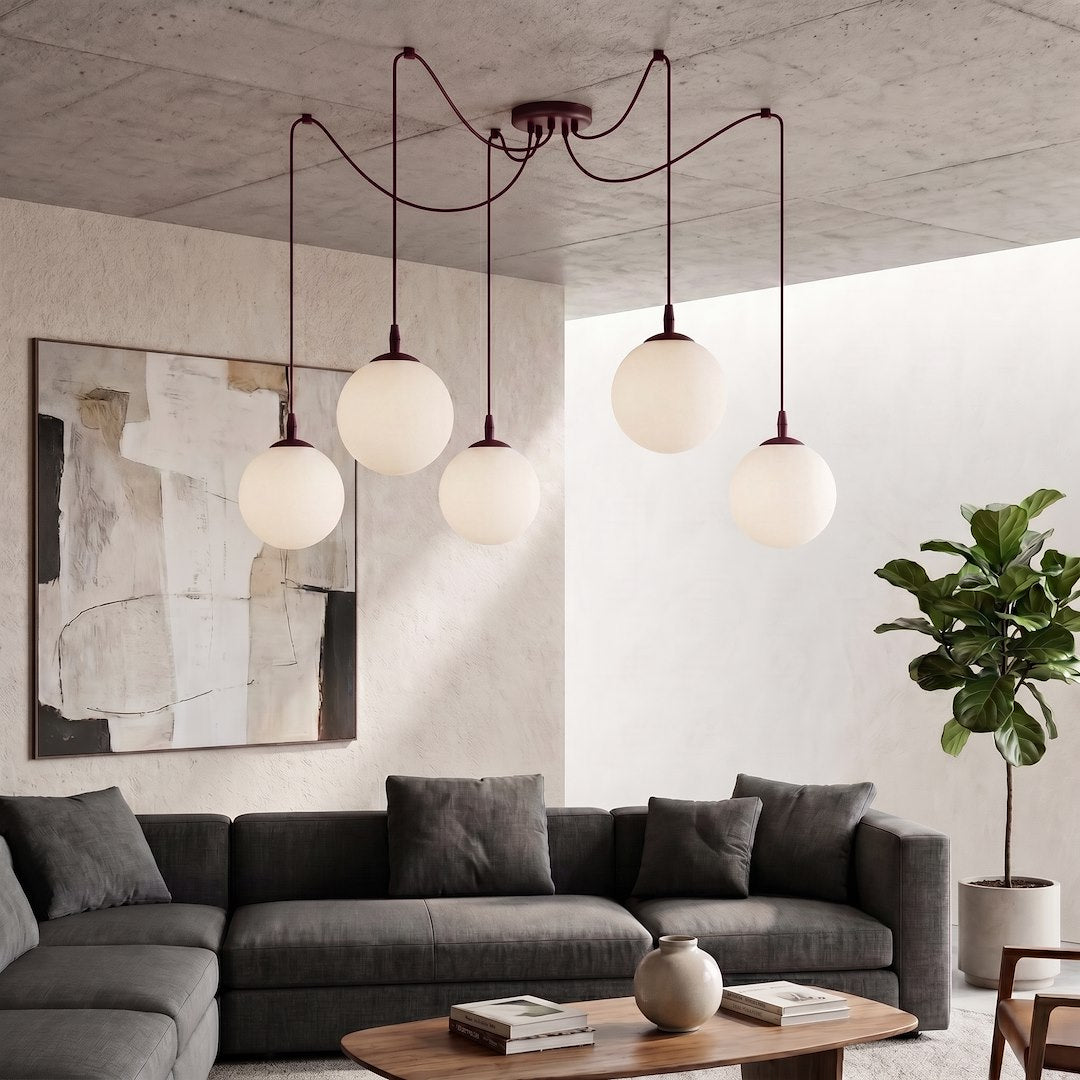 Suspension Gigi 5 lumières bordeaux, verre blanc
