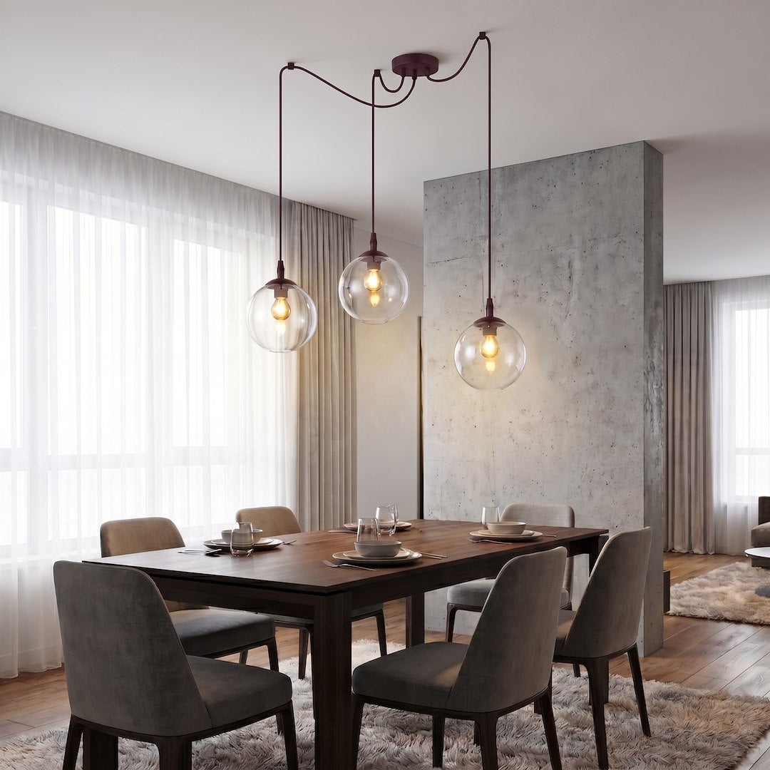 Suspension Gigi 3 lumières bordeaux, verre transparent