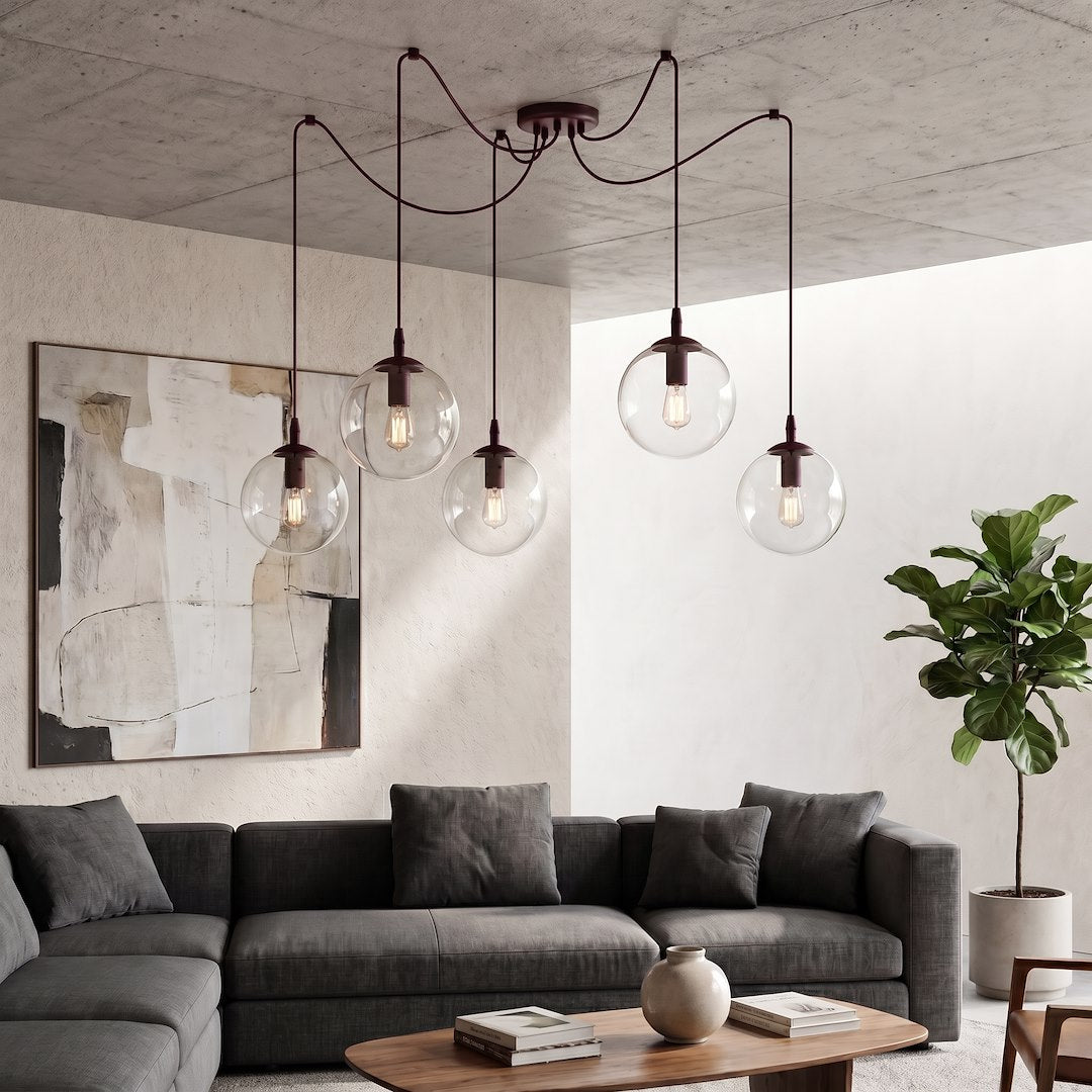 Suspension Gigi 5 lumières bordeaux, verre transparent
