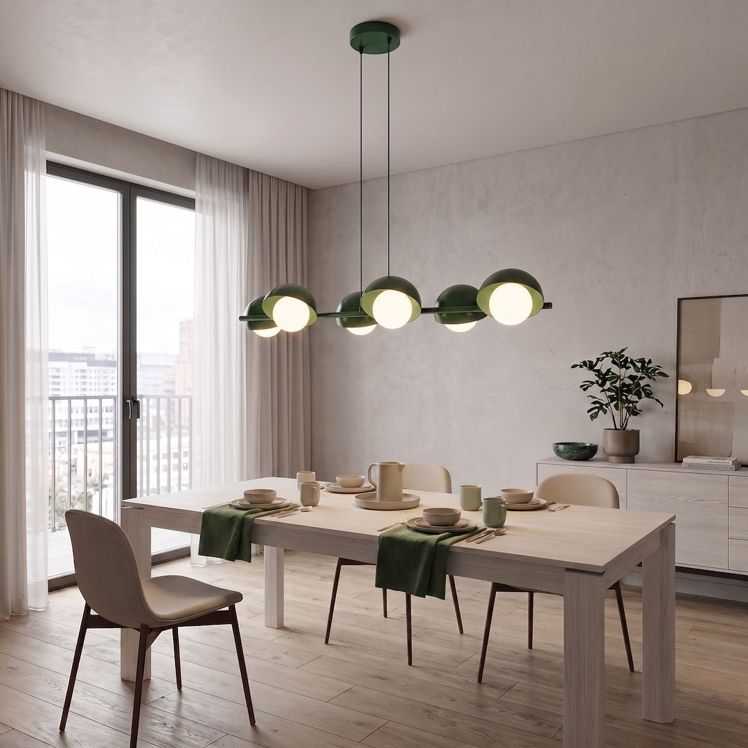 Suspension Boom 6 lumières verte, verre blanc