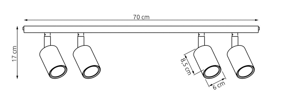 Schéma coté du luminaire : 70 cm de long, 17 cm de haut, spots de 8,5 et 6 cm