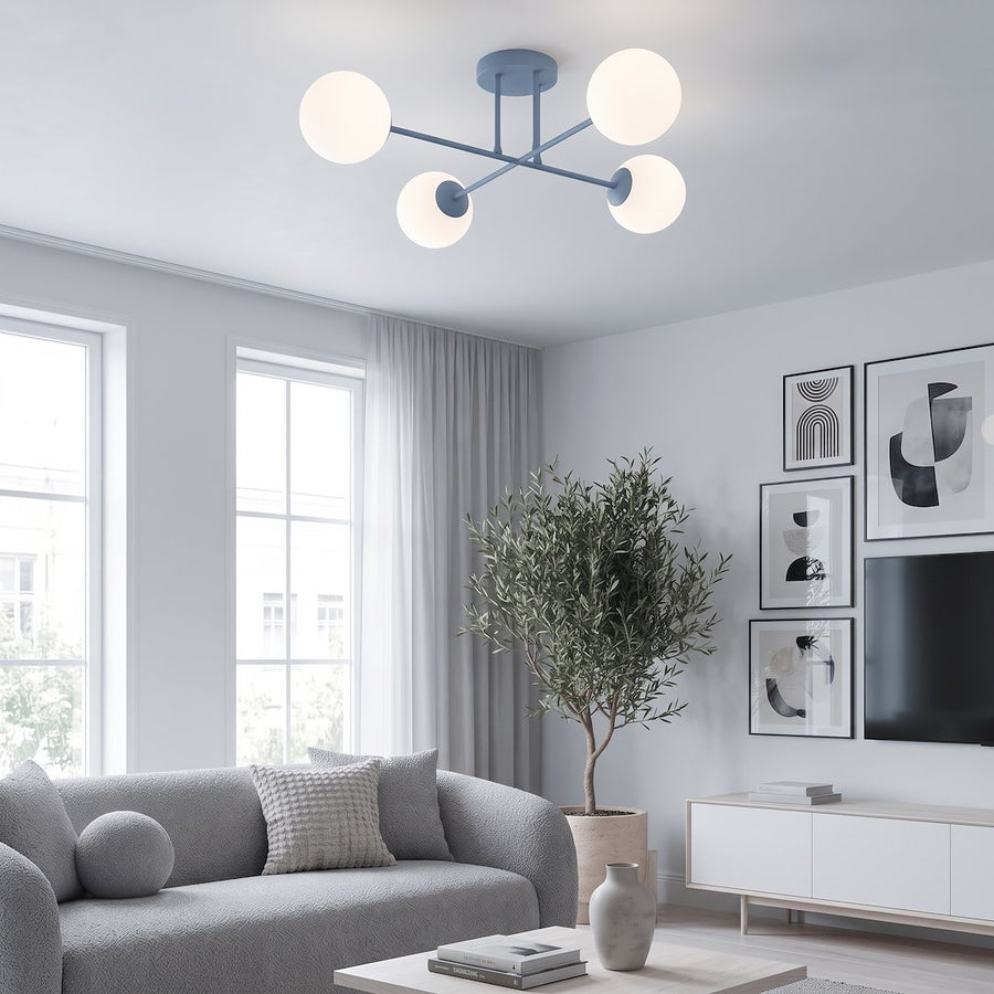 Plafonnier fixé au plafond d'un séjour moderne gris et blanc