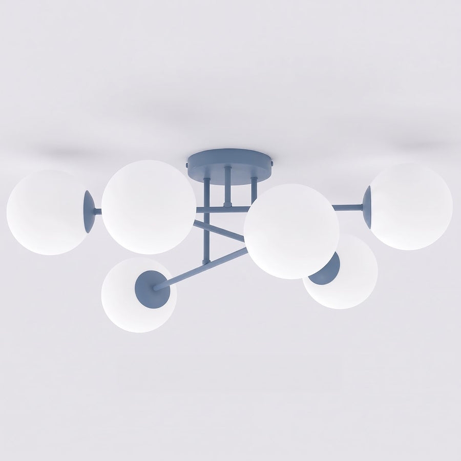 Vue en plongée du luminaire bleu dévoilant sa structure croisée et ses globes