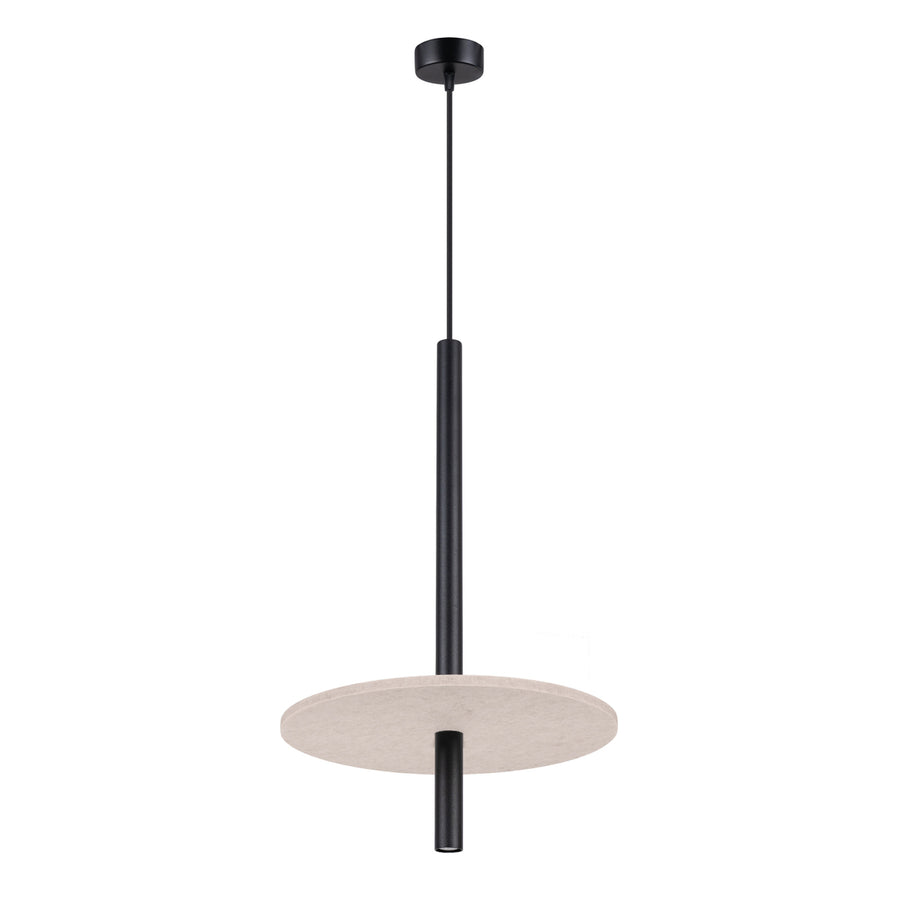 Luminaire suspendu vu de face, câble, tube noir et disque de feutre