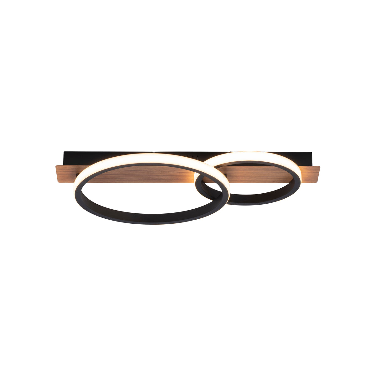 Deux anneaux LED entrelacés sur socle bois et support noir, fond blanc.