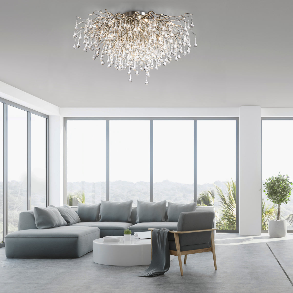 Plafonnier installé au plafond dans un salon moderne avec canapé gris et baies vitrées