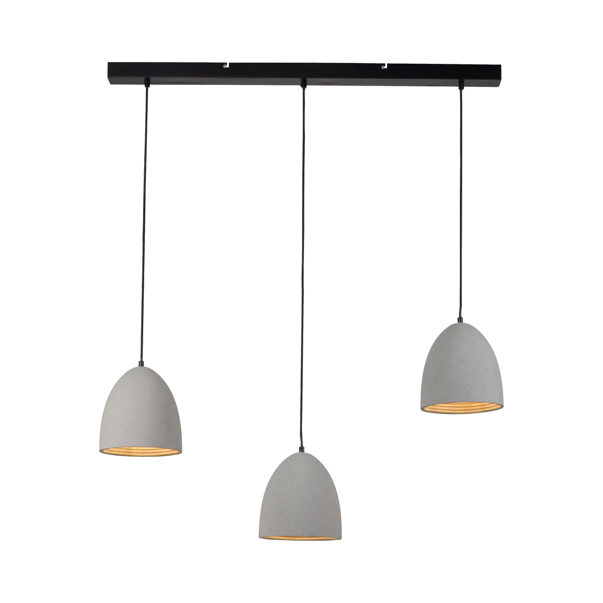 Produit détouré sur fond blanc, barre noire et trois abat-jours en béton clair.