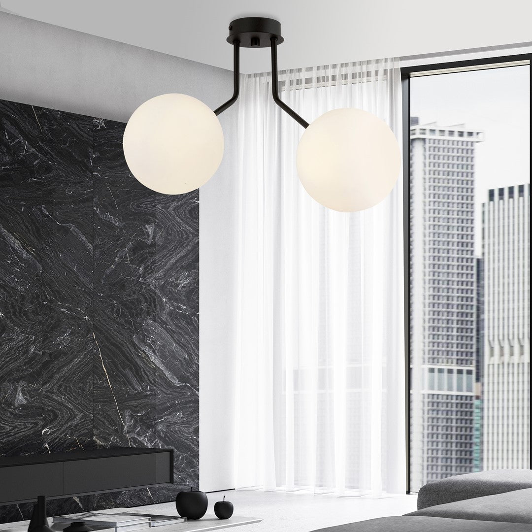 Nova 2-light pendant, black, opal glass